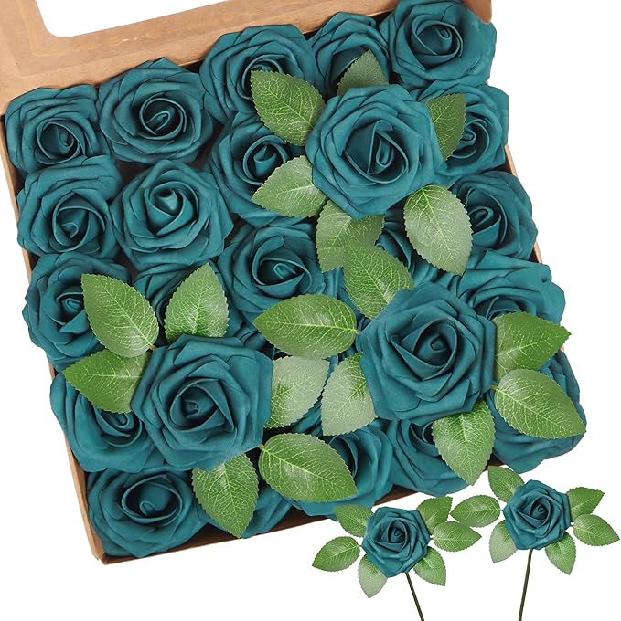 Artificial Flowers, 25pcs Artificial Rose for DIY Wedding Bouquets Centerpieces Arrangements, Dark Teal Fake Rose with Stems for Birthday Bridal Shower Graduation Events Decoration