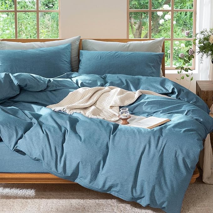 MooMee Bedding Duvet Cover Set 100% Washed Cotton Linen Like Textured Breathable Durable Soft Comfy (Heathered Peacock Blue, Super King 108"x98")