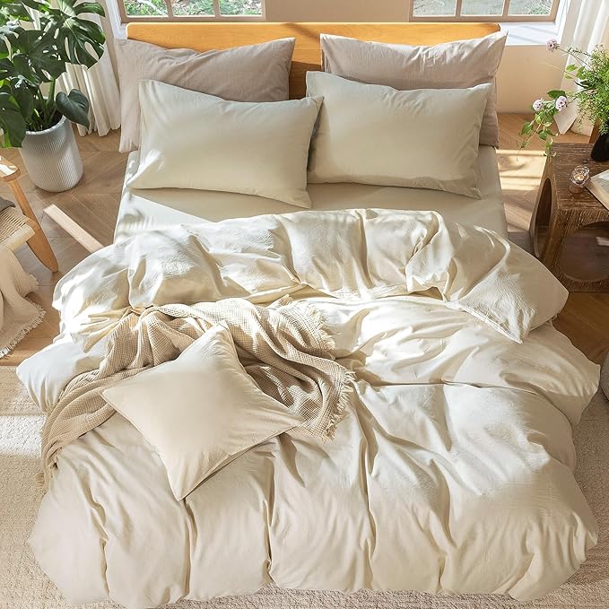 MooMee Bedding Duvet Cover Set 100% Washed Cotton Linen Like Textured Breathable Durable Soft Comfy (Heathered Almond Milk Grey, Palatial King/Oversized King 120"x98")