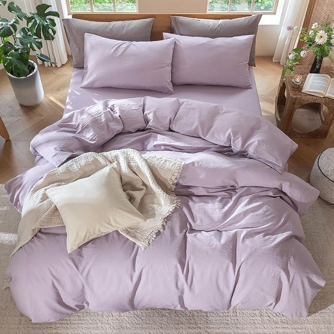 MooMee Bedding Duvet Cover Set 100% Washed Cotton Linen Like Textured Breathable Durable Soft Comfy (Heathered Light Purple, Twin 68"x90")