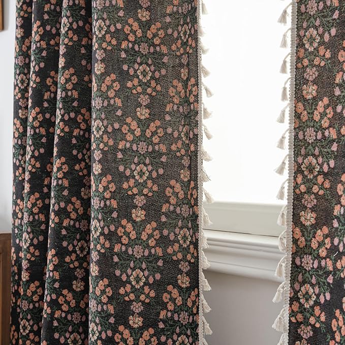 ENJOYBRIDAL Floral 63 Inch Curtains 2 Panel Set Boho Jacquard Drapes Short Black Living Room Semi Sheer Window Curtains Cottagecore Farmhouse Bedroom Chic Decor Rod Pocket Tassel Window Treatments