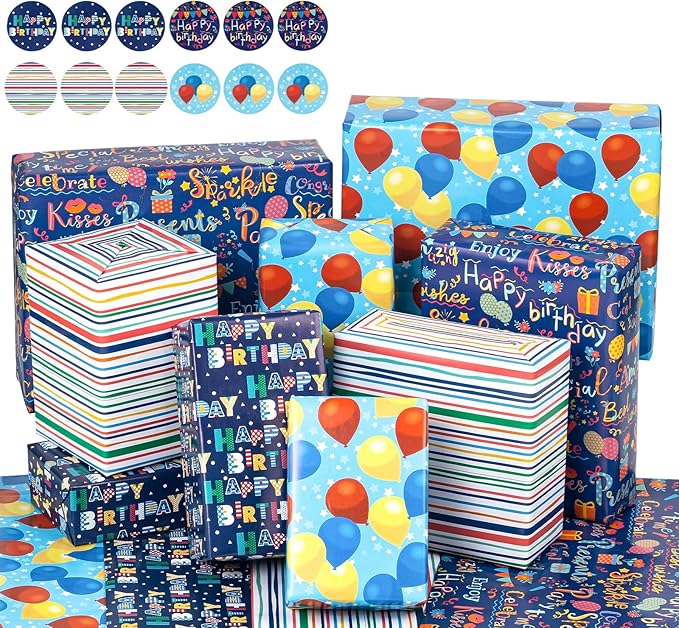 WRAPAHOLIC Birthday Wrapping Paper Sheet - 12 Sheets Folded Flat with 12 Gift Tags for Party, Baby Shower - 19.7 Inch X 27.5 Inch Per Sheet