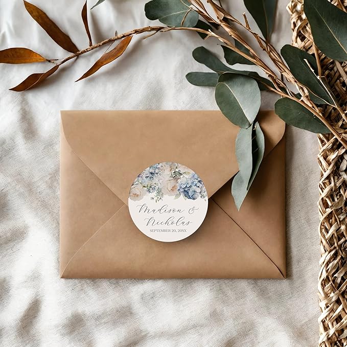 Personalized Floral Wedding Stickers with Your Choice of 30 Flower Styles - Choose Font and One of Five Pre-made Phrases or Add Custom Text (022 - Blue and White Flowers)