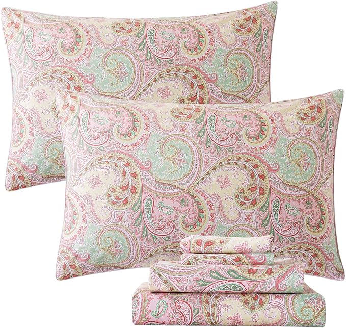 FADFAY Egyptian Cotton Sheets Twin Pink Paisley Bedding Sets Deep Pocket Fitted Sheet Set 800TC Soft Skin-Friendly Natural Bed Sheets (4Pcs, Twin Size)