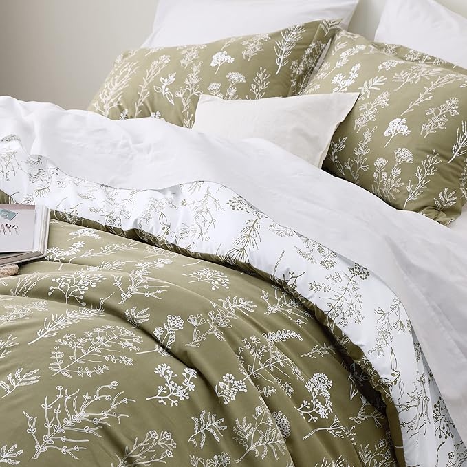 Bedsure King Comforter Set - Olive Green Bed Set, 3 Pieces Cute Floral Bedding, 1 Soft Reversible Botanical Flowers Comforter and 2 Pillow Shams