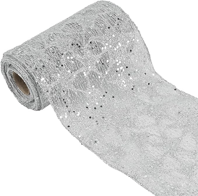 MEEDEE 6 Inch Wide Wired Ribbon Silver Glitter Mesh Web Wired Edge Ribbon by 10 Yards Roll Silver Wired Mesh Ribbons for Christmas Tree, Garland, Holiday Wreaths, Bows, Centerpiece, Gift Wrapping