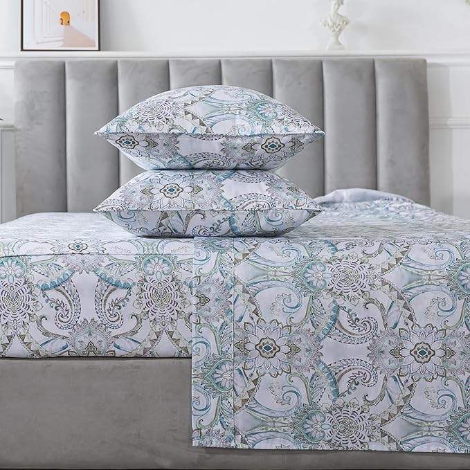 FADFAY Blue Paisley Sheets Set Twin XL Boho Paisley College Bedding Luxurious Bohemian Damask Paisley Dorm Bedding 100% Egyptian Cotton 800 Thread Count Deep Pocket Fitted Sheet 4Pcs, Twin XL Size