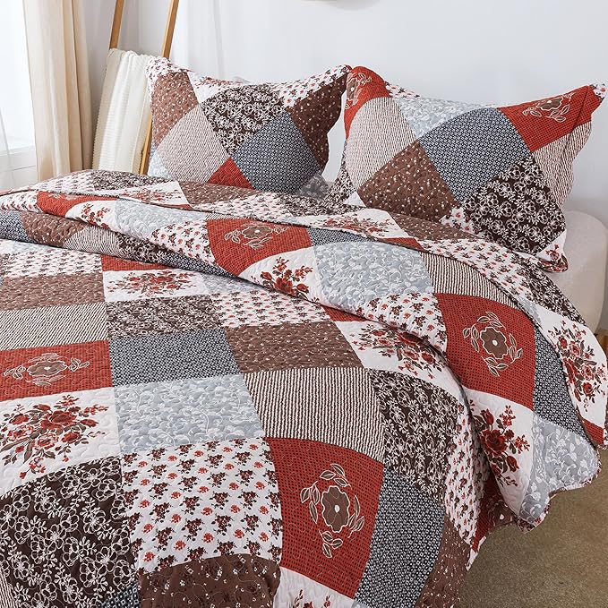 HoneiLife Quilt Set Queen Size - 3 Piece Microfiber Bedspread Reversible Coverlet Patchwork Bedding Set Lightweight Bedcover Floral Bedspreads All Season Quilts-Amaranth Red
