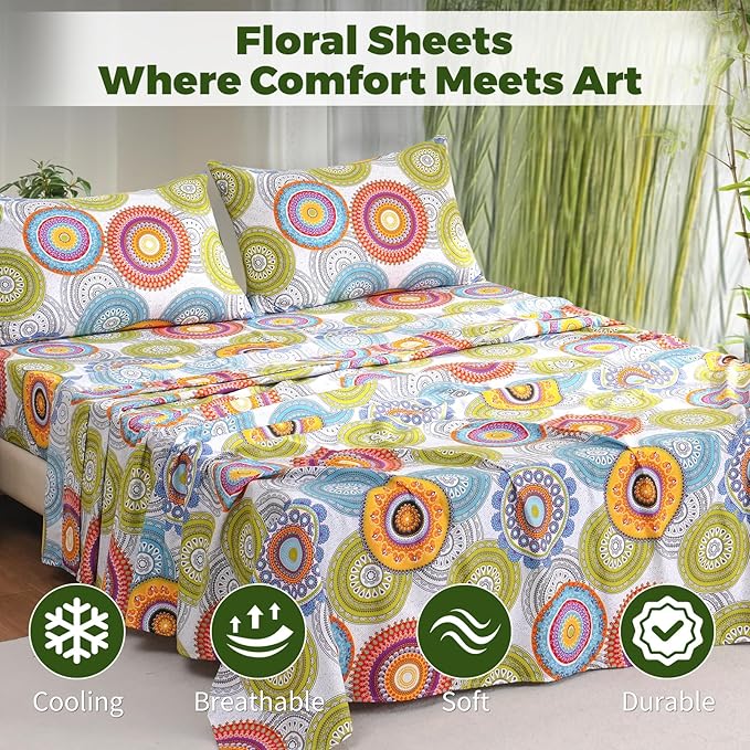Bedlifes Twin Floral 3-Piece Sheet Set - Cooling Sheets Blend Rayon Derived from Bamboo,Soft & Breathable, Deep Pocket 16", Wrinkle Resistant - Mandala Patterned