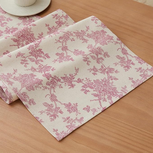 100% Cotton French Pastoral Table Runners, 13x108 Inch Pink Farmhouse Table Runners 108 Inches Long, Vintage Flowers Print Home Decors