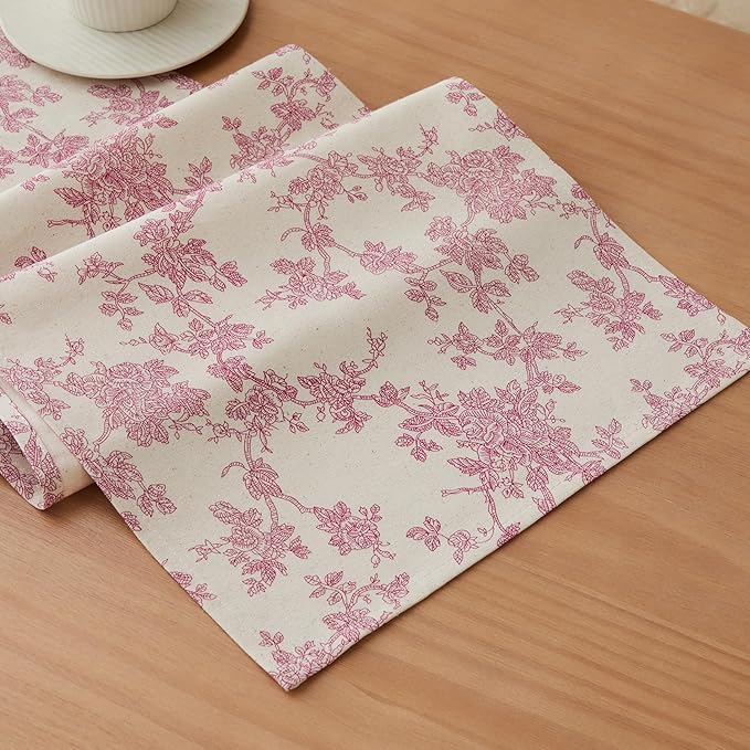 100% Cotton French Pastoral Table Runners, 13x48 Inch Pink Farmhouse Table Runners 48 Inches Long, Vintage Flowers Print Home Decors