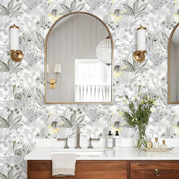 Wudnaye Floral Peel and Stick Wallpaper Vintage Contact Paper 17.7 inch × 393.6 inch Gray Flower Wallpapers Stick and Peel Removable Contact Paper White Waterproof for Bathroom Self Adhesive Vinyl