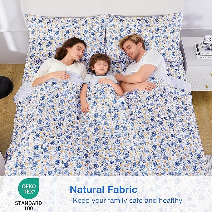 Softan Vintage Blue Floral Full Bed Sheets, Cozy Microfiber Flower Printed Sheets with 15" Deep Pocket Fitted Sheet & Non-Slip Straps, Patterned Floral in Blue & Amber Sheets & Pillowcase Set