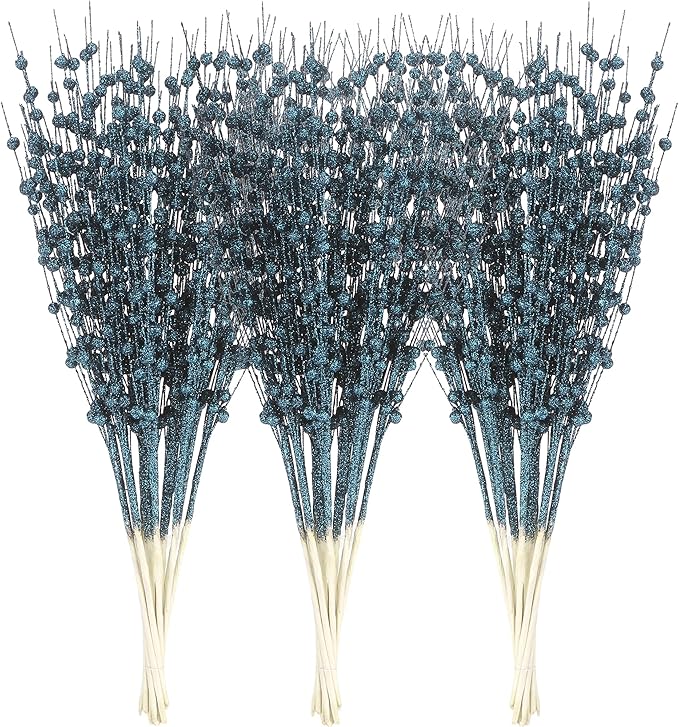 Sea Team 24-Pack Artificial Glitter Berry Stem Ornaments, Decorative Bead Sticks, Glittery Twigs, Picks, Branches for Christmas Tree, Small Vase, Holiday, Wedding, Party (17 Inches, Stone Blue)