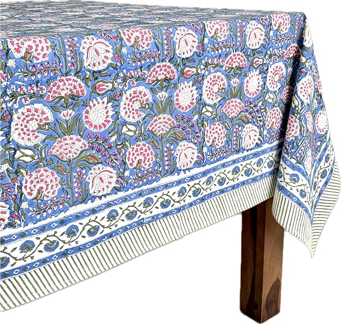 ATOSII Clover Pink 100% Cotton Square Boho Fall Tablecloth, Handblock Floral Table Cloth Linen for Kitchen Dining I Parties Wedding Outdoors Picnic Easter I Home Decor 60 X 60 Inches I 4 Seater