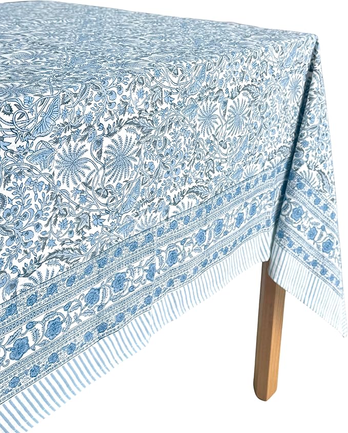 ATOSII Butterfly Blue 100% Cotton Square Summer Tablecloth, Handblock Floral Print Linen Table Cloth for Kitchen Dining I Parties, Weddings, Outdoors, 60 X 60 Inches I 4 Seater