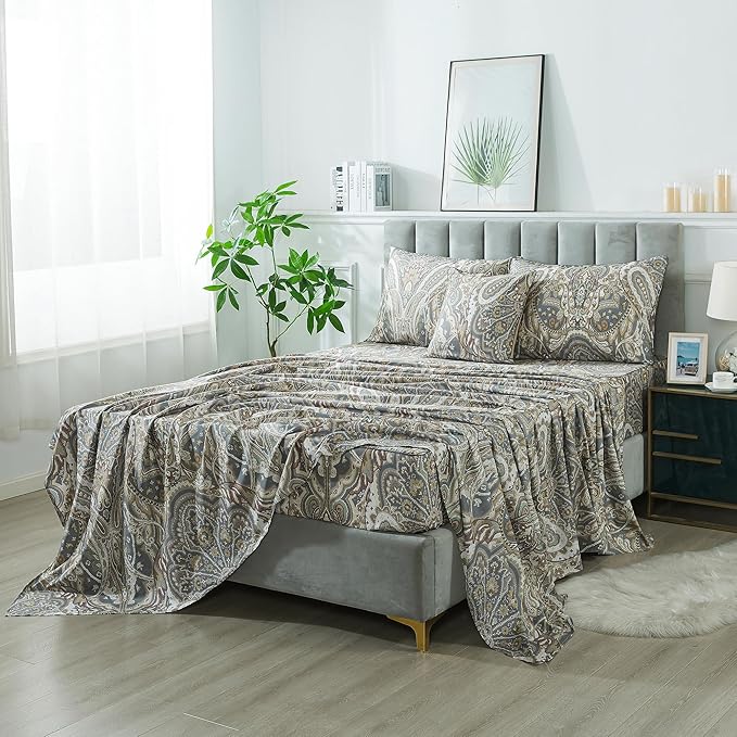 FADFAY Paisley Sheets Set Cal King Classic Boho Paisley Bedding Luxurious Bohemian Paisley Bed Sheet Set 100% Egyptian Cotton 800 Thread Count Deep Pocket Fitted Sheet 4Pcs, California King Size