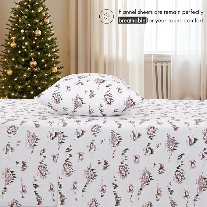 RUVANTI Flannel Sheets Full Size - 100% Cotton Double Brushed Bed Sheets Set, Deep Pockets 16 Inches, All Seasons Breathable & Extra Soft Full Sheets, Warm & Cozy, 4 Piece, Hilly Huts