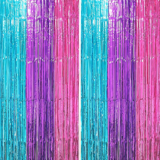 2 Pack Blue Purple Pink Foil Fringe Backdrop Curtains, Tinsel Streamers Party Decorations, Fringe Backdrop, Door Shimmer for Mermaid or Birthday Party