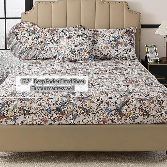 FADFAY Sheets Set Full Botanical Bird Floral Bed Sheets Set Vintage Mocha Mousse Farmhouse Bedding Shabby Branches Bedding 100% Egyptian Cotton Breathable Soft 17.7" Deep Pocket 4Pcs, Full Size
