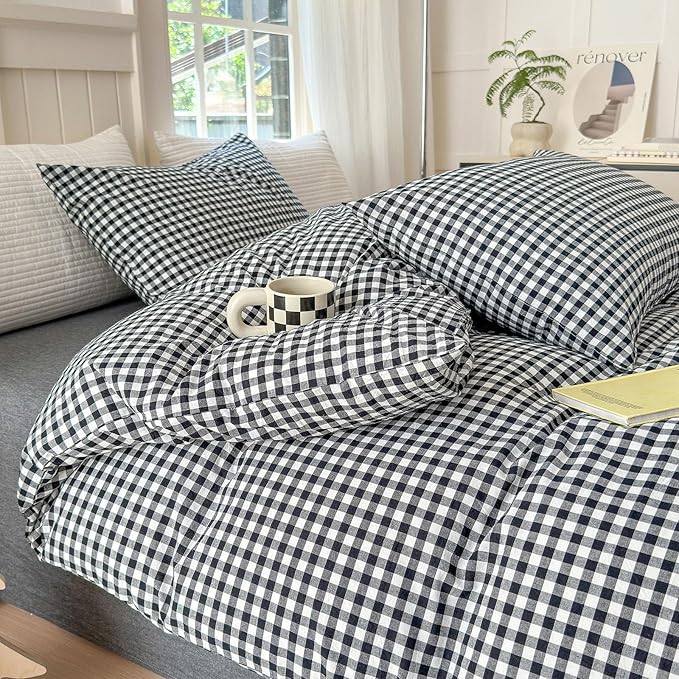 LifeTB Black Gingham Comforter Set King Geometric Checkered Plaid Comforter Set 3 Pieces Boho Grid Comforter with 2 Pillowcases Fluffy Soft Checkered Pattern Lightweight Gingham Bedding Set King