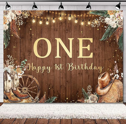 SVBright Western Cowgirl First Birthday Backdrop 8Wx6H One Year Old Pampas Grass Country West Rustic Wooden Flower Retro Boots Hat Decorations Photography Background Banner Photo Booth Studio