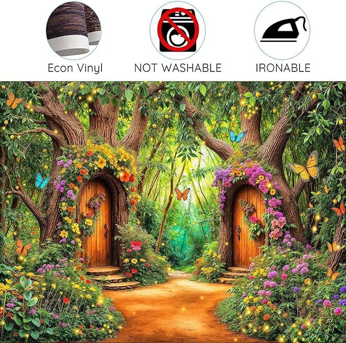 5X3ft Enchanted Forest Backdrop Fairy Tale Green Garden Wonderland Tree House Floral Butterfly Background for Kids Girl Baby Shower Birthday Party Decoration Banner Cake Table Photo Booth Props
