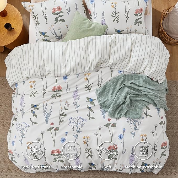 Bedsure Duvet Cover King Size - Reversible Cute Floral Duvet Cover Set with Zipper Closure, 3 Pieces White Bedding Set with 8 Corner Ties and 2 Pillow Shams 20"x36"