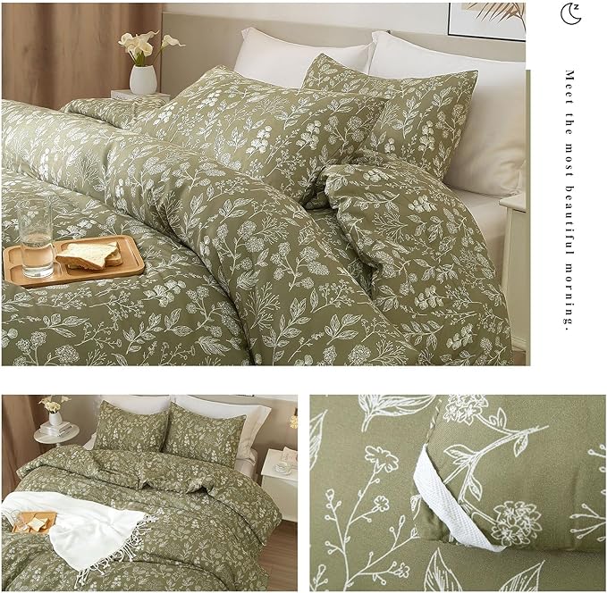 HighBuy Floral Duvet Cover King Olive Green Floral Botanical Bedding Comforter Cover King Women Girls Garden Style Bedding Set Boho Chic Duvet Cover with 2 Pillowcases,All Season