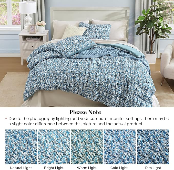 King Comforter Set - 7 Pieces Blue Classic Puff Floral Bedding Sets for All Seasons, Shabby Chic Farmhouse Bed in a Bag King with Wildflowers Fluffy Comforter, Sheets, Pillowcases & Shams