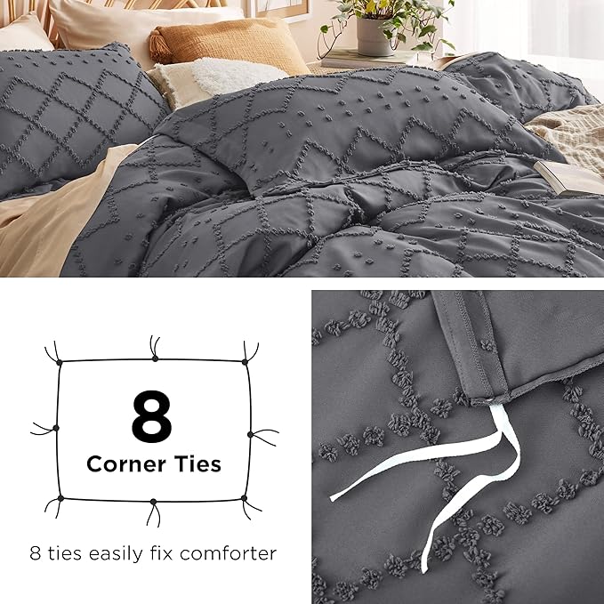 Bedsure Boho Twin Duvet Cover Size - Dark Grey Breathable & Soft Boho Bedding, Machine Washable Comforter Cover for All Seasons, Includes 1 Duvet Cover 68"x90" with 1 Pillow Sham & Zipper Closure