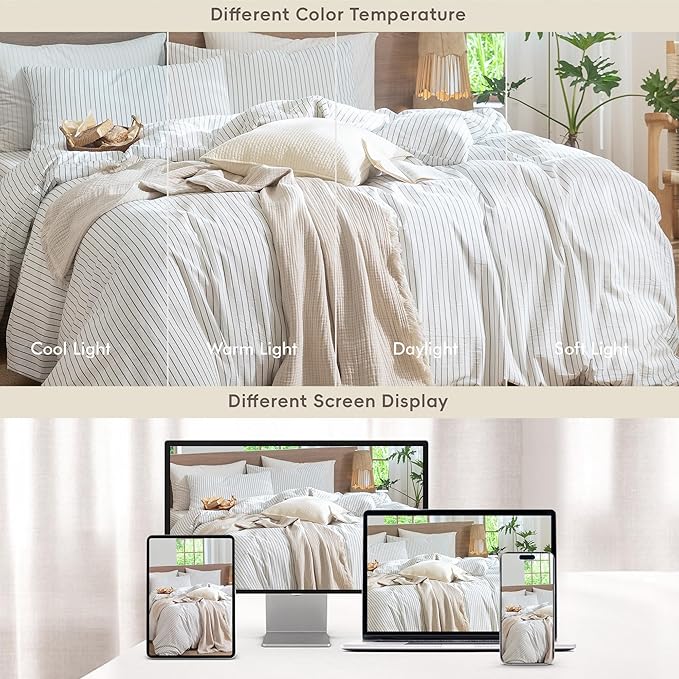MooMee Striped Duvet Cover Set 100% Washed Cotton Linen Like Textured Breathable Durable Soft Comfy (White Heathered Green Wide Stripes, Super King Plus 120"x120")