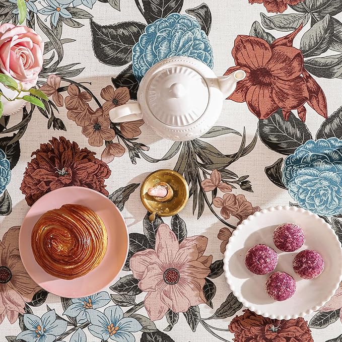 Designer French Linen Tablecloth for Rectangle Table,Red and Blue Floral Durable Long Tablecloths,Decor Table Cover for Kitchen,Dining,Thanksgiving,Home,Farmhouse,63" × 94"-Burgundyred