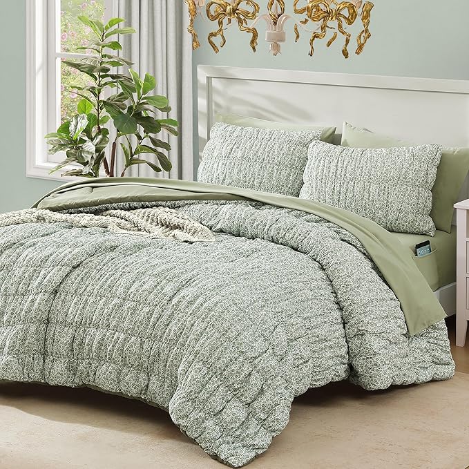 Full Size Comforter Sets-7 Pieces Puff Sage Green Floral Bedding Set for All Seasons, Shabby Chic Farmhouse Bed in a Bag Full with Floral Comforter, Sheets, Pillowcases & Shams