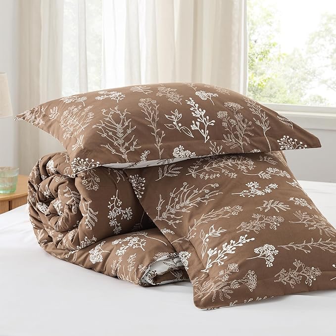 Bedsure King Comforter Set - Brown Bed Set, 3 Pieces Cute Floral Bedding, 1 Soft Reversible Botanical Flowers Comforter and 2 Pillow Shams