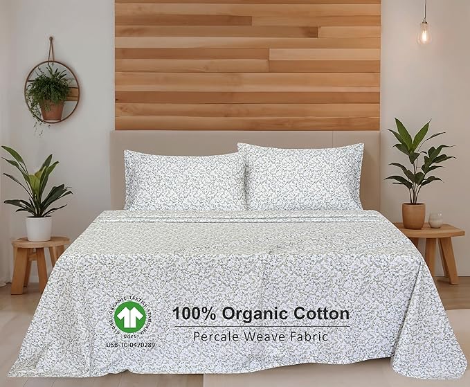RUVANTI 100% Organic Cotton Sheets King Size, Percale Weave, GOTS Certified, 4-Piece Set, Deep Pocket 15", Crisp & Breathable, Soft Durable Bedding, Sábanas Algodón Orgánico – Floral Rush