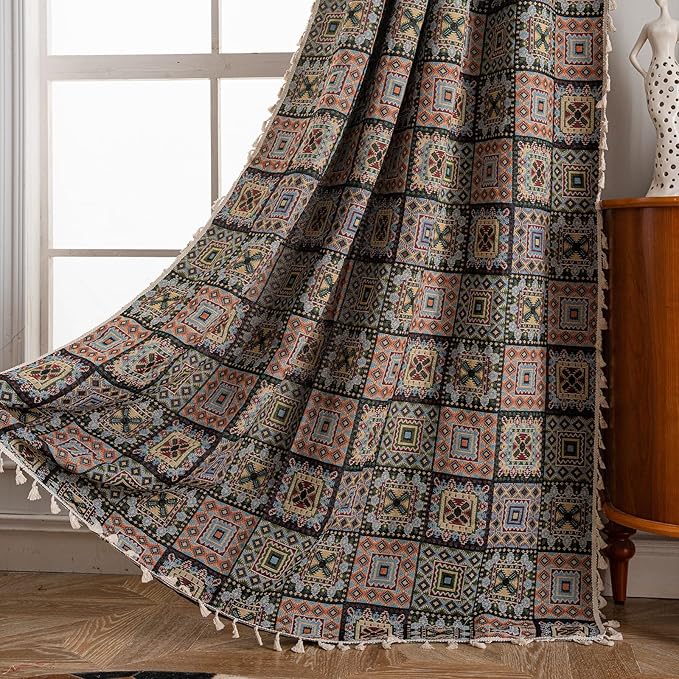 ENJOYBRIDAL Patchwork 96 Inch Curtains for Bedroom Living Room Drapes Jacquard Bohemian Semi Sheer Long Window Curtains 2 Panel Sets Vintage Geometric Black Rod Pocket Boho Window Treatments