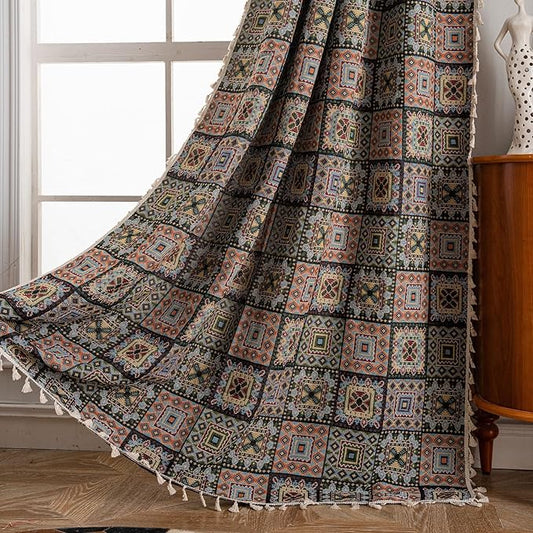 ENJOYBRIDAL Patchwork 96 Inch Curtains for Bedroom Living Room Drapes Jacquard Bohemian Semi Sheer Long Window Curtains 2 Panel Sets Vintage Geometric Black Rod Pocket Boho Window Treatments