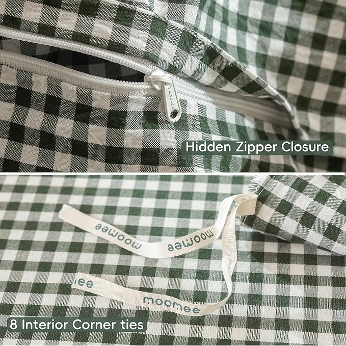 MooMee Gingham Duvet Cover Set 100% Washed Cotton Linen Like Textured Breathable Durable Soft Comfy Modern Checkered Design (Mini Gingham Forest Green, Queen 90"x90")