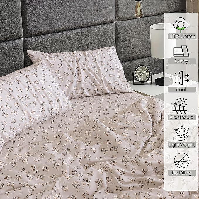 RUVANTI 100% Cotton Sheets Queen Size Set, 4 Pieces, Soft & Breathable Percale Weave Bedding, Deep Pocket 16", Hotel Standard, Crisp Cool Feeling, Durable, Perfect Floral Bed Sheet, Twin Spring