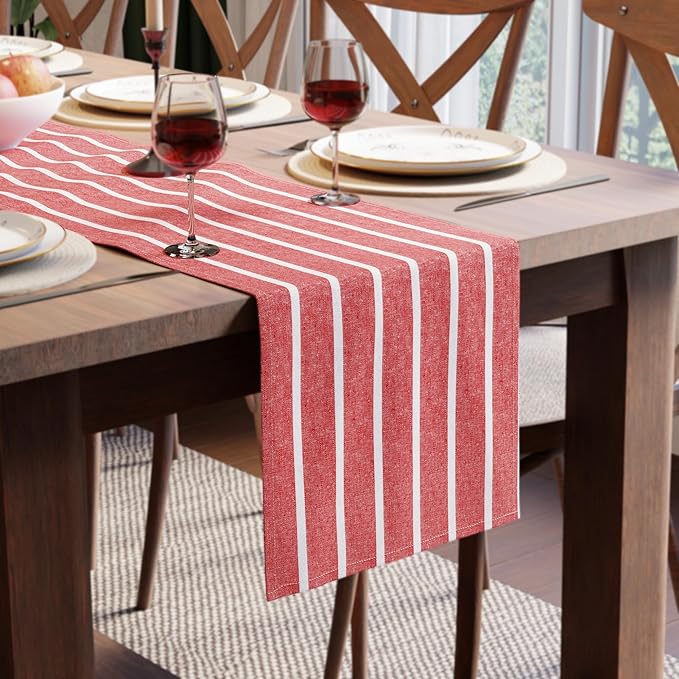 Encasa XO Cotton Dining Table Runner | Roma Red Stripes | Size 13x104 in - Machine Washable & Durable
