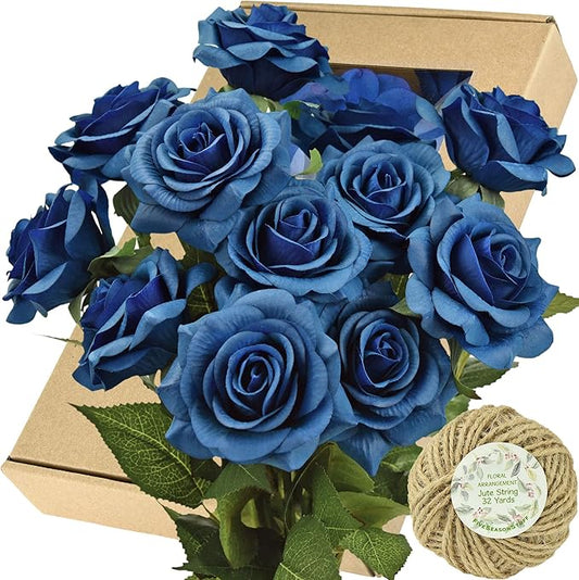 FiveSeasonStuff Silk Roses Artificial Flowers for Decoration, Home Decor Centerpiece for Tables, Wedding Bridal Bouquet of Flowers Real Touch Roses 12 Stems (Royal Blue)