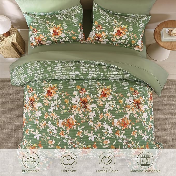 Dobuyly King Size Comforter Set, 7 Pieces Green Floral Comforter Set, Bed in a Bag King with Botanical Flowers Pattern, All Season Farmhouse Bedding Set with Sheets, Pillowcases & Shams