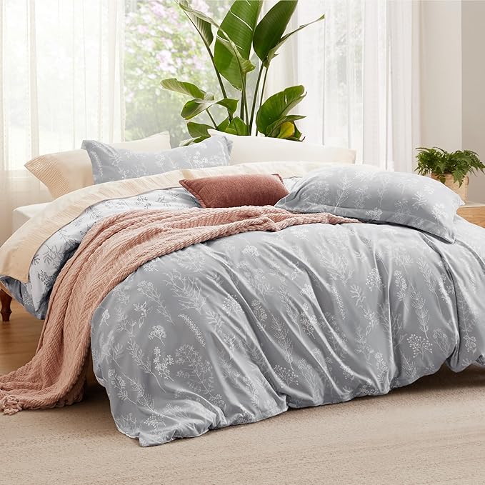 Bedsure Duvet Cover Full Size - Reversible Grey Full Duvet Cover Set with Zipper Closure, 3 Pieces Cute Floral Botanical Pattern Bedding Set with 8 Corner Ties and 2 Pillow Shams