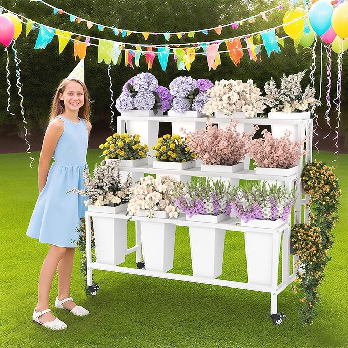 Flower Cart Display Stand for Shops & Weddings – Rolling 3-Tier Flower Bar Cart with 12 Buckets and Hooks – Ideal for Garden and Event Decoration