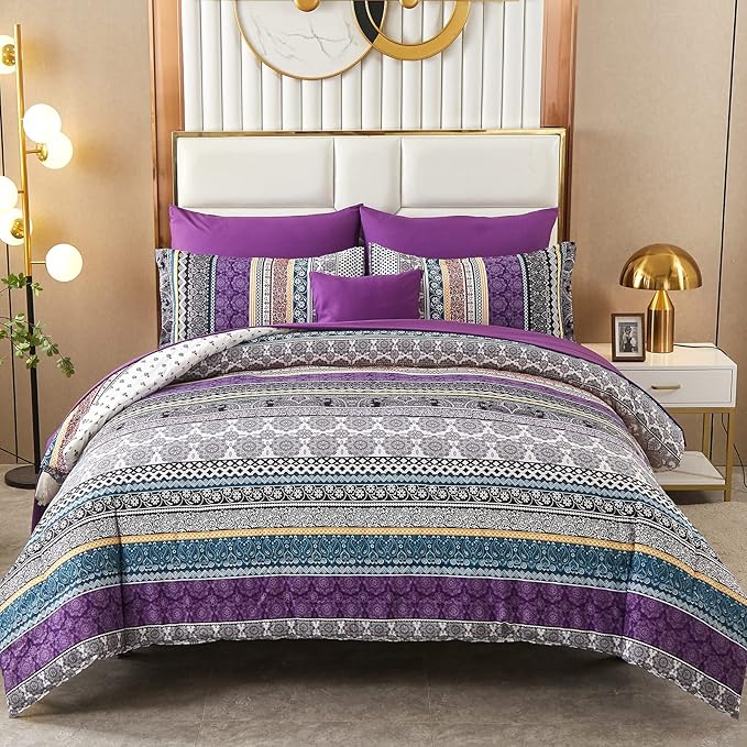 Cottolester Boho Comforter Set Full Size 8 Piece Bed in a Bag Bohemian Striped Bedding Quilt Set Purple Paisley Floral Comforter and Sheet Set,Soft Microfiber Complete Bedding Sets for All Season