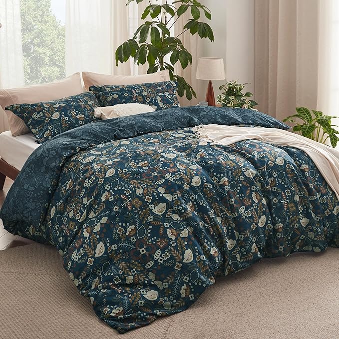 Bedsure Duvet Cover Queen Size - Reversible Floral Duvet Cover Set with Zipper Closure, 3 Pieces Navy Blue Bedding Set with 8 Corner Ties and 2 Pillow Shams 20"x26"