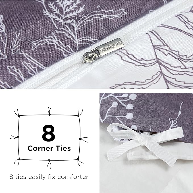 Bedsure Duvet Cover King Size - Reversible Grayish Purple King Duvet Cover Set with Zipper Closure, 3 Pieces Cute Floral Patterned Bedding Set with 8 Corner Ties and 2 Pillow Shams