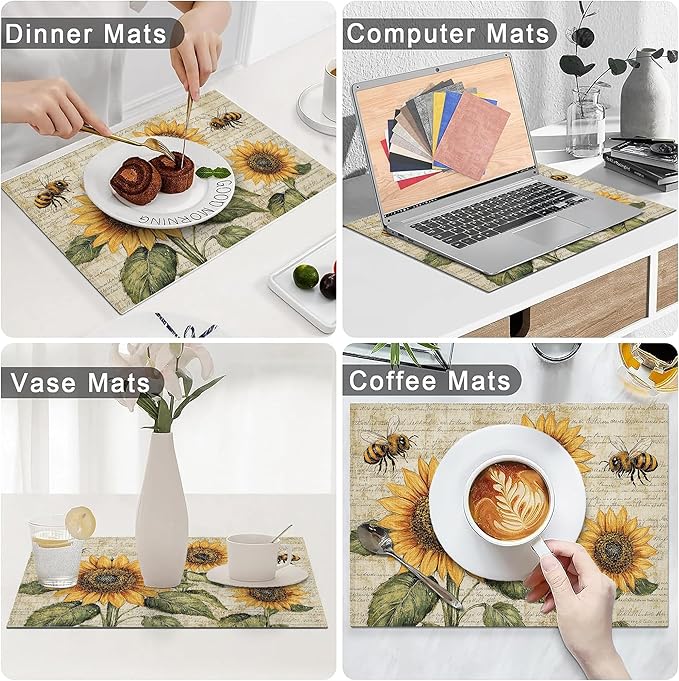 Vintage Sunflower Bee Placemats Set of 4 Washable Table Mats Rustic Spring Summer Floral Heat-Resistant Cotton Linen Place Mats for Dining Table Kitchen Indoor Outdoor Party Holiday Decor