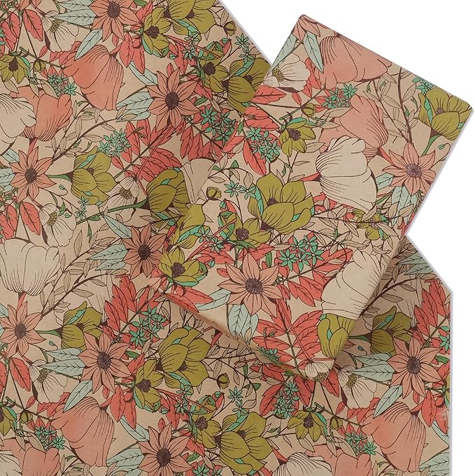 Aimyoo Kraft Floral Wrapping Paper Roll - Jumbo Roll - 30 Inch x 33 Feet - All Occasion Vintage Flower Gift Wrap Paper for Mother's Day Wedding Birthday Bridal Shower